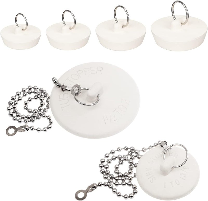 Opzour 6 Packs Tub Stopper, Rubber Bathtub Stoppers Drain Plug, 2Pcs 15" Stainless Steel Beaded Chain, 6 Different Sizes Premium Bathroom Plug Fit for Kitchen, Bathroom Bath tub and Laundry Sink, White - Image 1